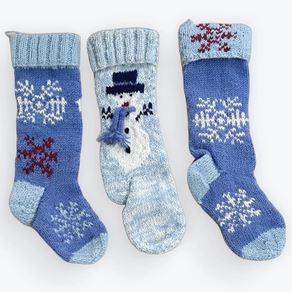 Set of 3 Woolen Decorated Holiday Snowman & Snowflakes Stockings Made in Nepal